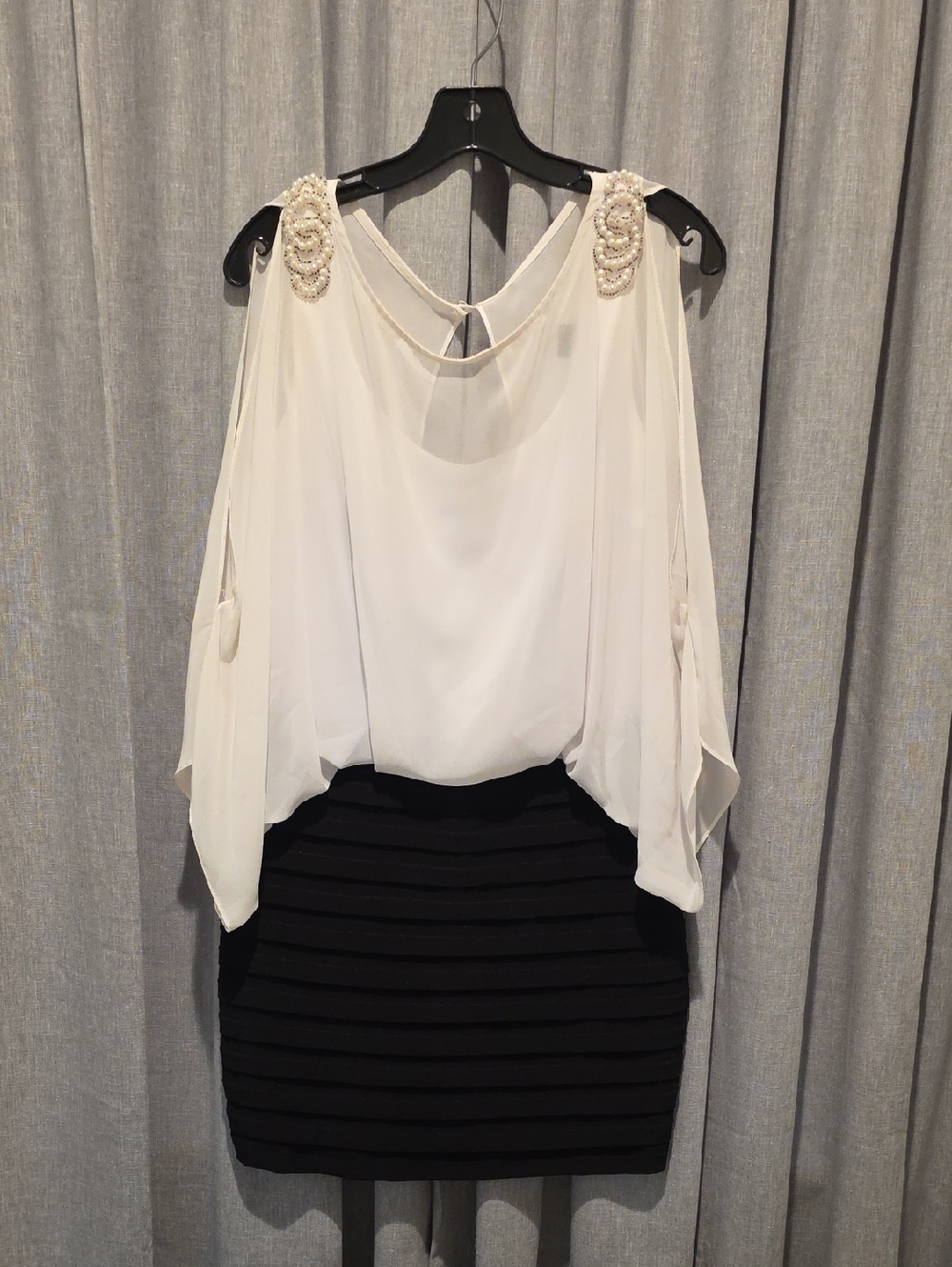 Xscape White/Black Beaded Detail Cold-Shoulder Midi Dress